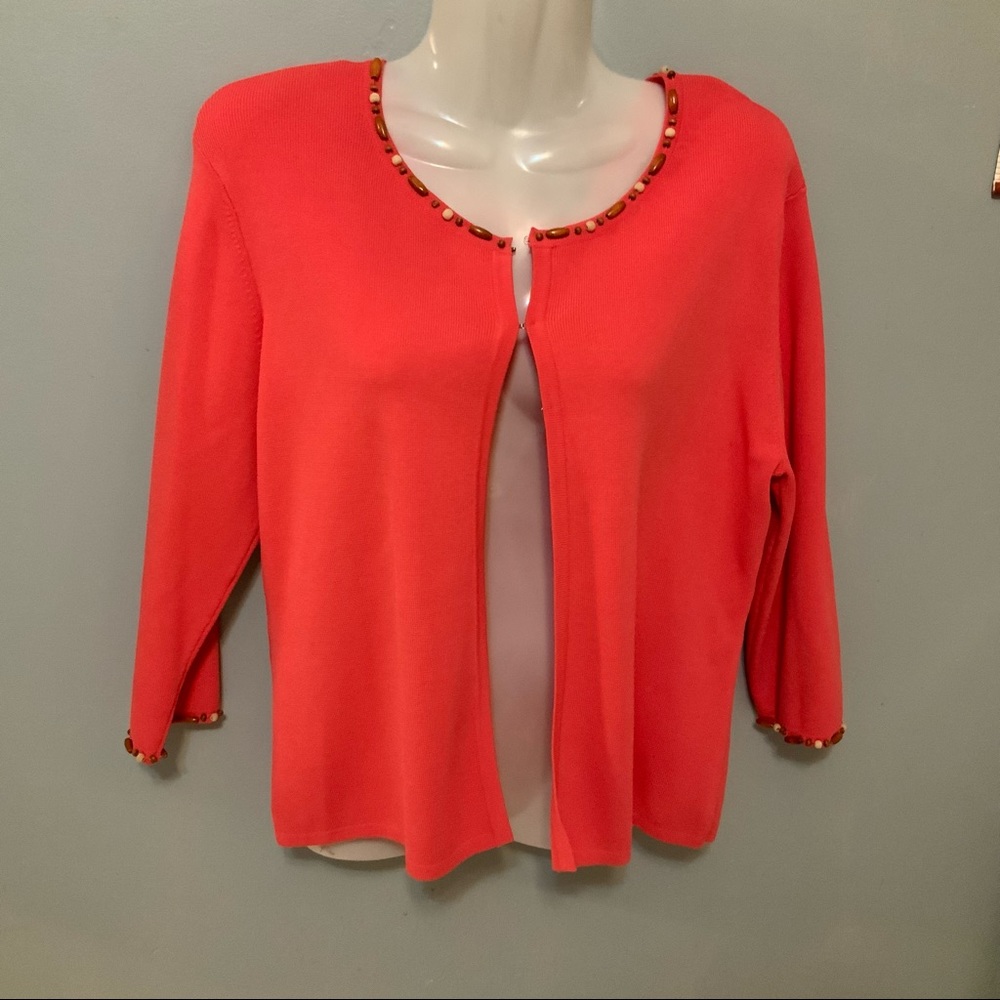 Knit Chic Coral Wood Bead Neckline Blazer Top Sz L - Picture 9 of 12